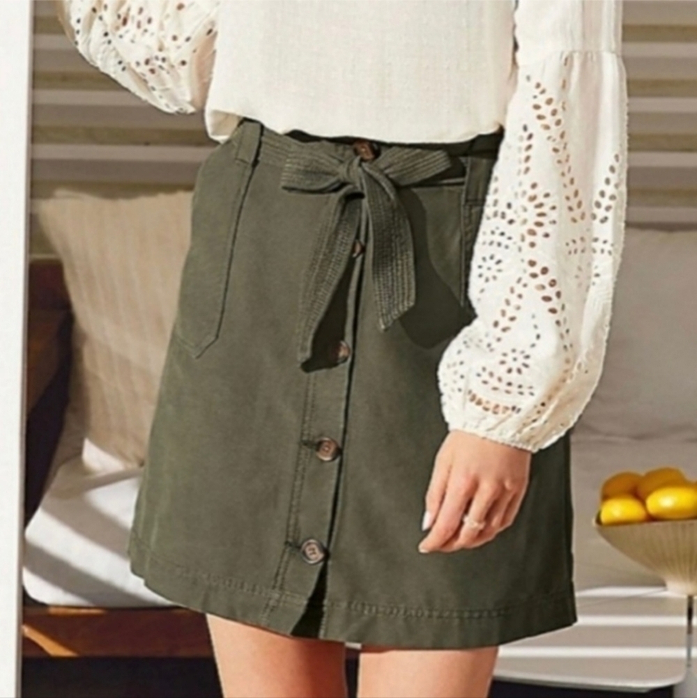 Maurices Olive Green Button Front Belted High Rise Utility Mini Skirt Women's 10